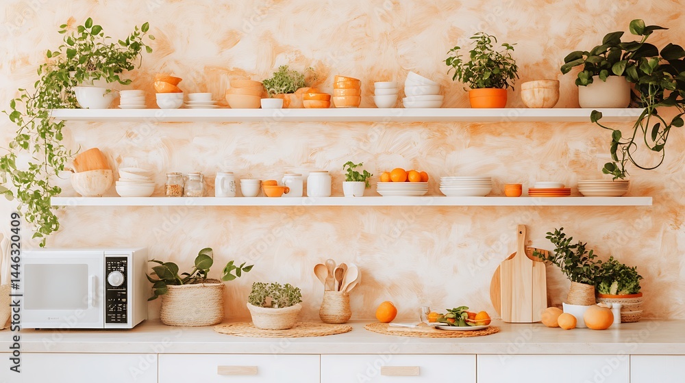 Stylish kitchen shelving display with plants and fruits. Stylish kitchen shelving display with plants and fruits.