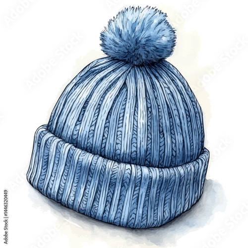 Woolen Beanie With A Pom-pom, vector watercolor illustration, isolated on a white background.
