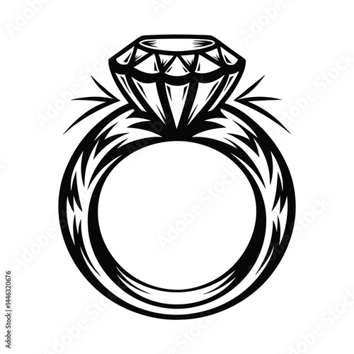 Bold Outline of a Diamond Ring, Classic Jewellery, Symbol of Luxury, Isolated on White