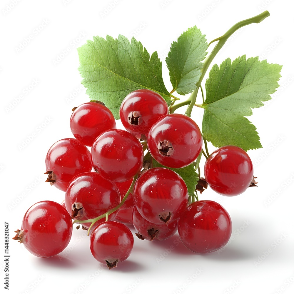 A vibrant sprig of ripe red currants with lush green leaves sits on a pristine white background, perfect for culinary or healthy lifestyle imagery. A vibrant sprig of ripe red currants with lush green leaves sits on a pristine white background, perfect for culinary or healthy lifestyle imagery.