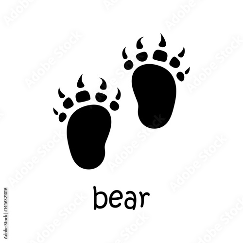 Vector paw trail of bear animal footprint illustration. Grizzly track card with text Bear. Print with bear footprint black silhouette in flat design.