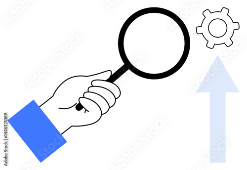 Hand holds magnifying glass focusing on gear beside upward arrow symbolizing analysis, improvement, and progress. Ideal for research, innovation, productivity, optimization, career growth, business