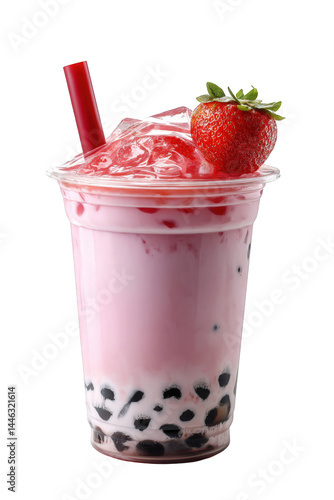 Refreshing strawberry bubble tea drink with ice cubes and boba pearls red on transparent background