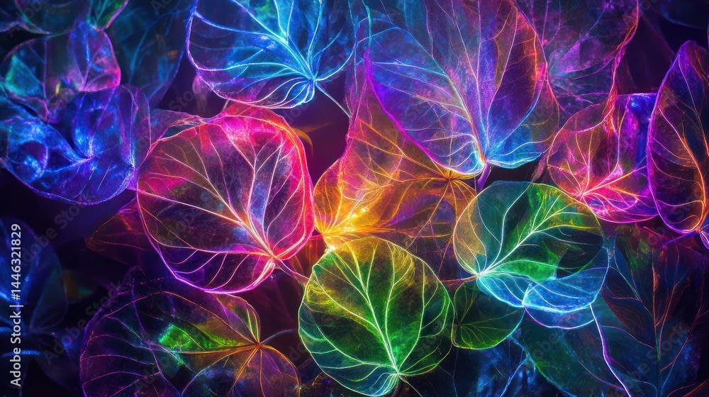 Multicolored, glowing leaves in a vibrant display Multicolored, glowing leaves in a vibrant display