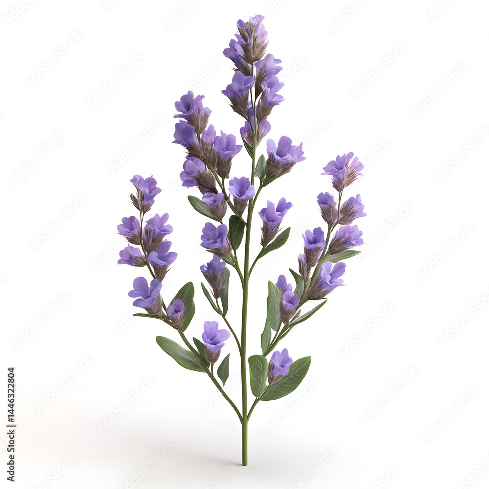 Fototapeta premium A sprig of delicate light purple flowers with lush green leaves isolated on a pure white background.