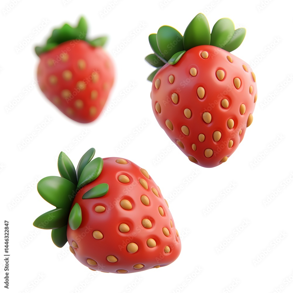 Three vibrant red strawberries with green leaves float against a clean white background in a playful 3D rende style. Three vibrant red strawberries with green leaves float against a clean white background in a playful 3D rende style.