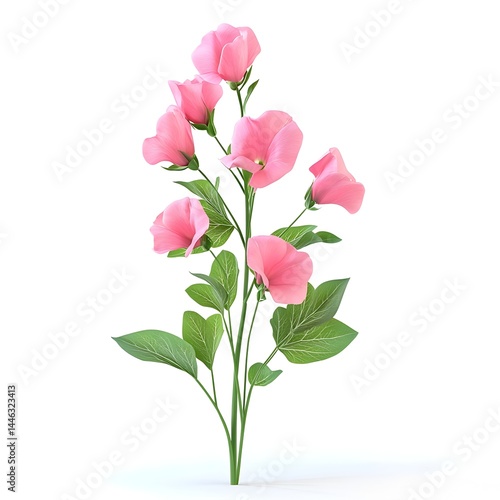 A vibrant pink flower sprig with delicate petals and lush green leaves isolated on a pure white background perfect for design projects.