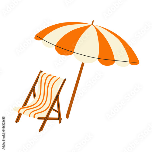 Colorful beach chair and umbrella sitting on sand during a sunny day by the coast