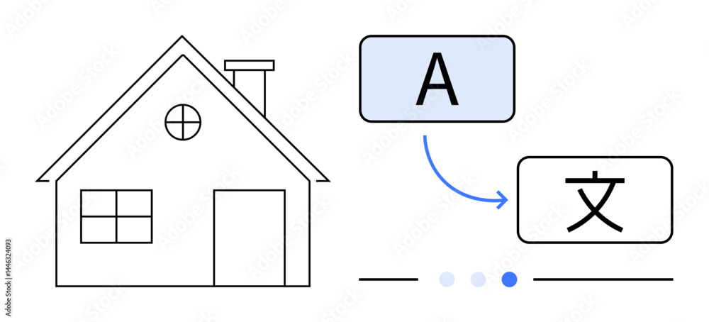 Simple house outline next to language icons transitioning English to another script. Ideal for translation, communication, localization, global outreach, education, apps, simple landing page Simple house outline next to language icons transitioning English to another script. Ideal for translation, communication, localization, global outreach, education, apps, simple landing page