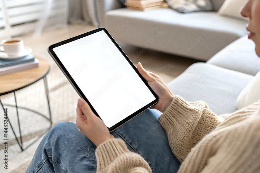Obraz premium Digital Tablet Mockup in Hands of Seated Woman on Sofa 