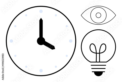 Analog clock, simplistic eye, and glowing light bulb symbolizing time management, vision, and idea generation. Ideal for innovation, planning, focus, creativity mindfulness strategy flat simple