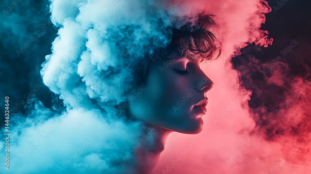 Profile of a person surrounded by vibrant smoke clouds. Profile of a person surrounded by vibrant smoke clouds.