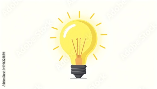 Bright yellow light bulb glowing, simple flat vector illustration.