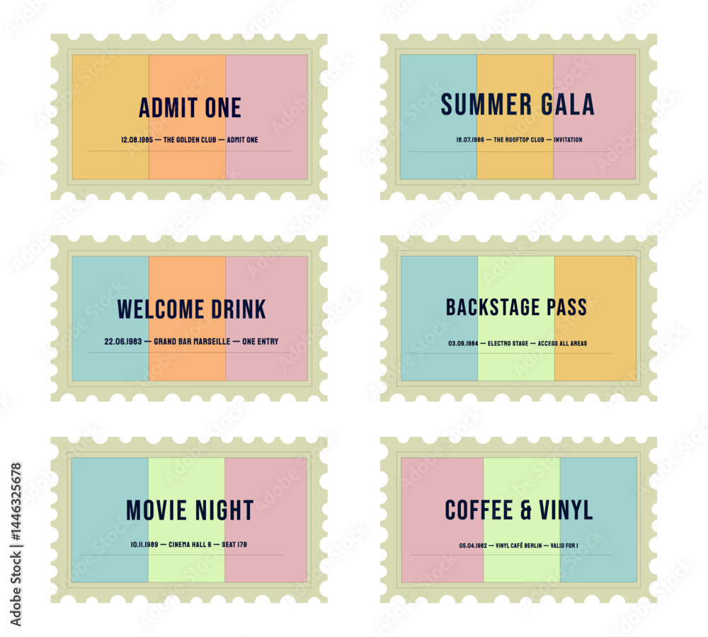 A set of retro-inspired event tickets in stamp-style shapes, designed with pastel gradients and bold typography. Perfect for print projects, vintage-themed parties, packaging, or digital collages. A set of retro-inspired event tickets in stamp-style shapes, designed with pastel gradients and bold typography. Perfect for print projects, vintage-themed parties, packaging, or digital collages.