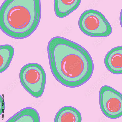Funny doodle seamless avocado fruit pattern. Design for kitchen textile, vector illustration.
