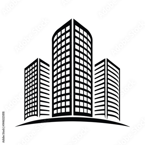 Black and White Architecture Silhouette. High Rise Buildings, Modern Design on White