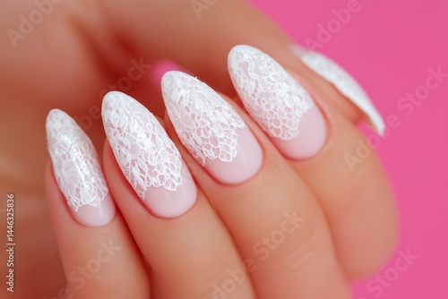 Bridal Lace Nail Art with White Detailing and Almond Shape