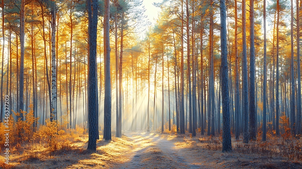 Fototapeta premium Golden sunlight streams through autumn forest trees.