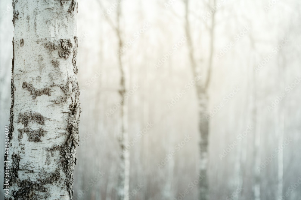 Obraz premium Close-up of a birch tree trunk in a misty, ethereal forest scene.
