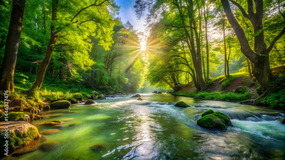 A photograph of a serene river flowing through a lush, green forest The river is a vibrant blue reflecting the sunlight that filters through the dense canopy of trees A photograph of a serene river flowing through a lush, green forest The river is a vibrant blue reflecting the sunlight that filters through the dense canopy of trees