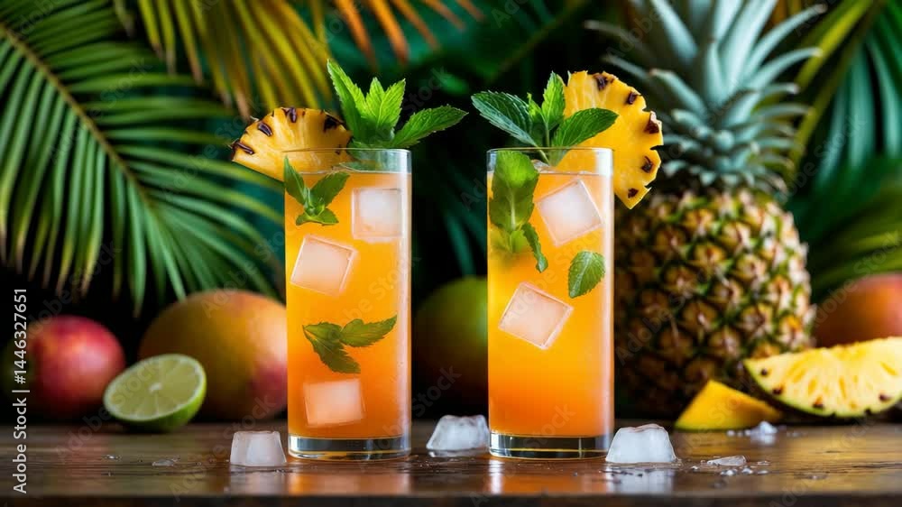 Cocktail made with vodka, pineapple juice, mango, liquor, and ice. Ideal as a long drink or cold mocktail. Tropical scene with foliage and fruits. Cocktail made with vodka, pineapple juice, mango, liquor, and ice. Ideal as a long drink or cold mocktail. Tropical scene with foliage and fruits.