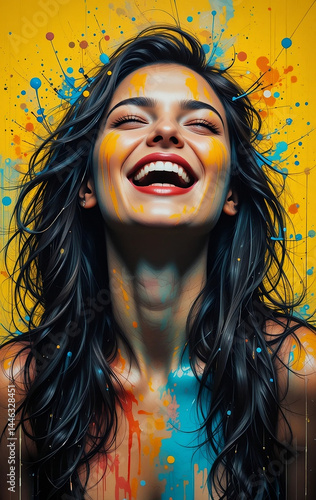 Street art inspired portrait of a young woman laughing with vibrant yellow and cyan splashes, abstract art of a young woman laughing with yellow and blue paint splashes