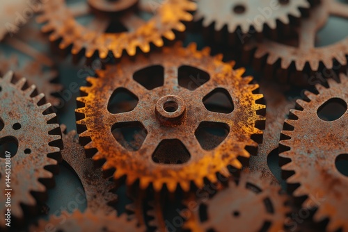 Close-up of rusty, interlocking gears, evoking a sense of mechanical history and intricate complexity.