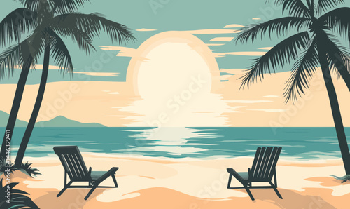 Tropical Beach Tranquility with Palm Trees and Sun Loungers in Ocean Blue and Sandy Beige Vector