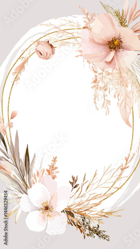 Elegant Vector Frame with Watercolor Flowers and Dried Plants for Weddings and Events