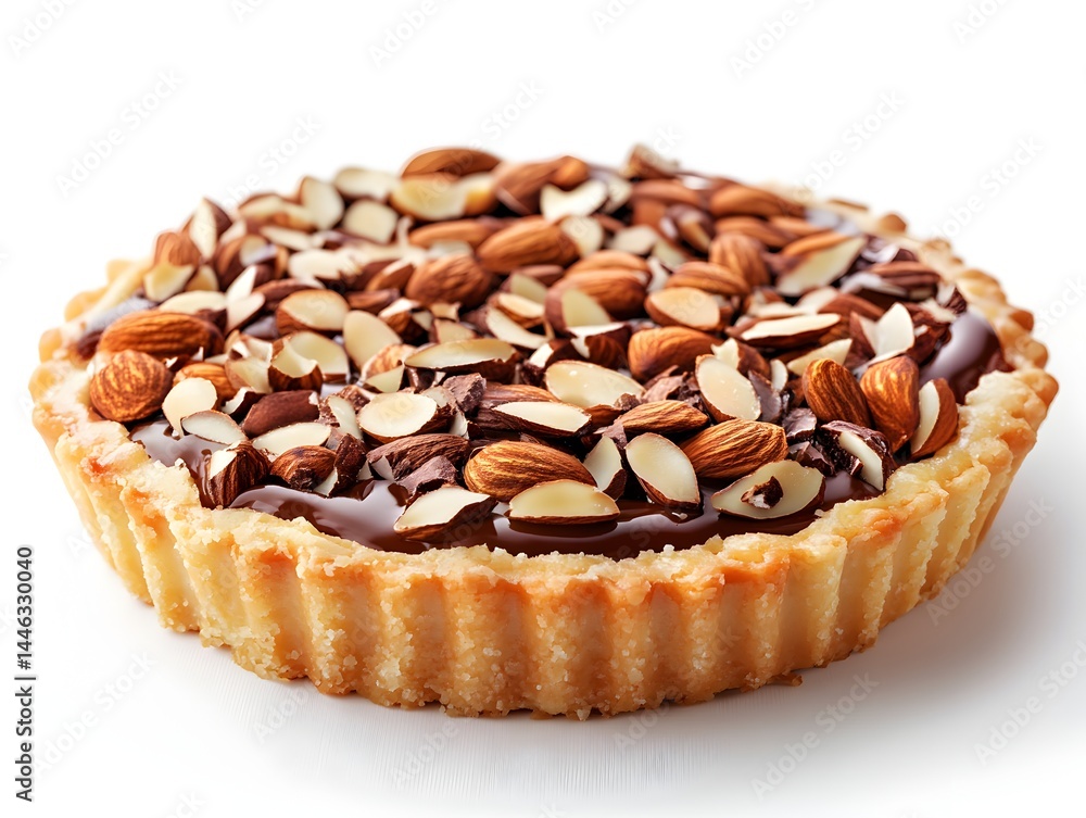 A delicious chocolate almond tart with a flaky crust is perfectly presented on a white background for a tempting dessert image. A delicious chocolate almond tart with a flaky crust is perfectly presented on a white background for a tempting dessert image.