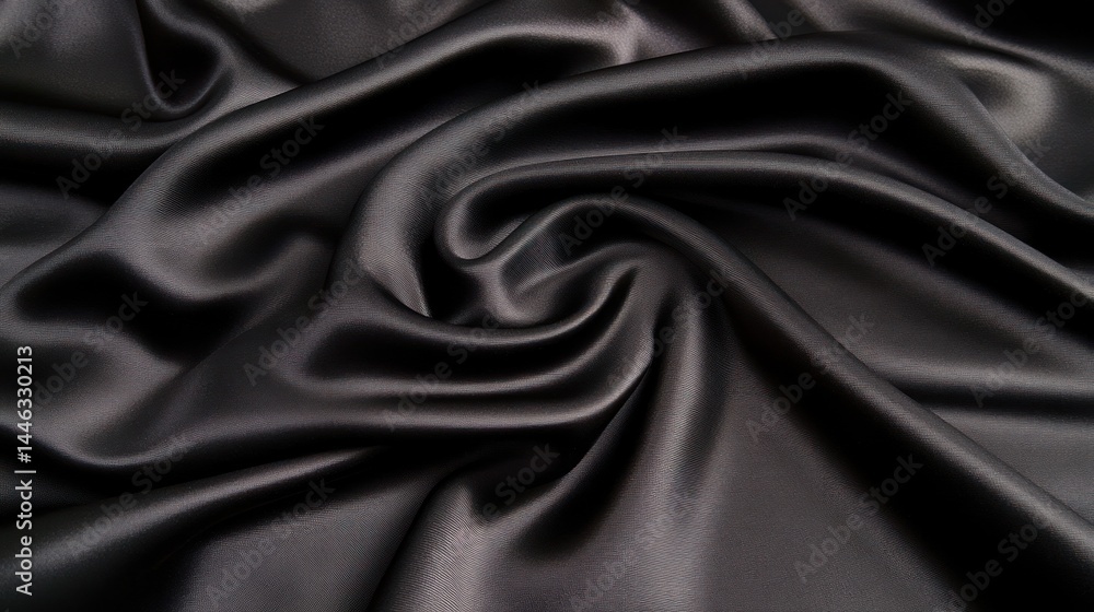 Luxurious black fabric with a smooth, satiny sheen, elegantly draped and showcasing its rich texture Luxurious black fabric with a smooth, satiny sheen, elegantly draped and showcasing its rich texture