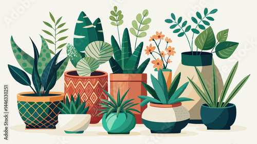 A curated mix of ornamental plants in charming pots.
Each adds a touch of serenity and green freshness.
Textures of leaves contrast with ceramic finishes.
Perfect subject for interior vector collectio