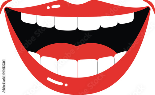 Smiling mouth with white teeth and red lips vector illustration in simple style 