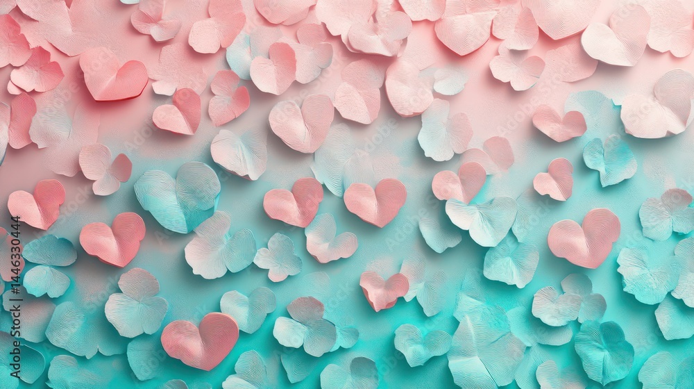 Obraz premium Delicate paper hearts and petals, pastel pink and teal gradient background