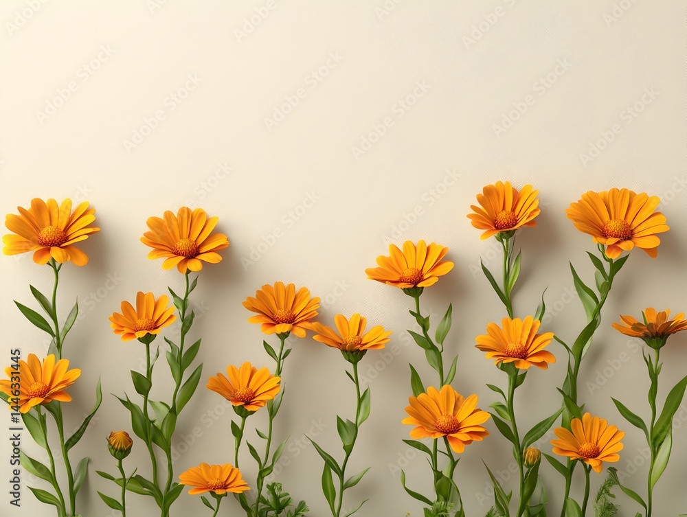 Fototapeta premium A vibrant row of bright orange calendula flowers with green stems arranged on a creamy beige background.