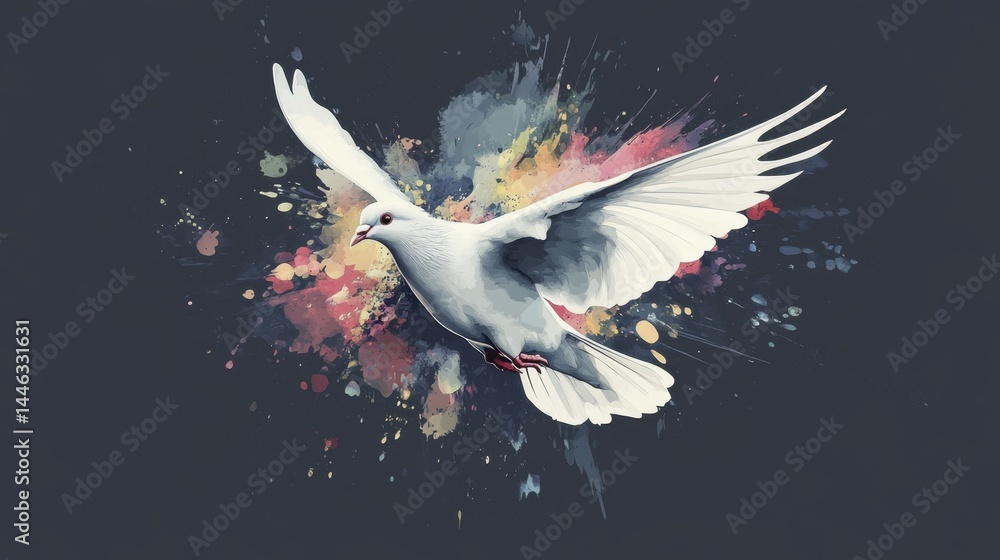Fototapeta premium Dove in flight with wings spread amidst vibrant paint splatters on dark grey backdrop, conveying peace, hope, and freedom