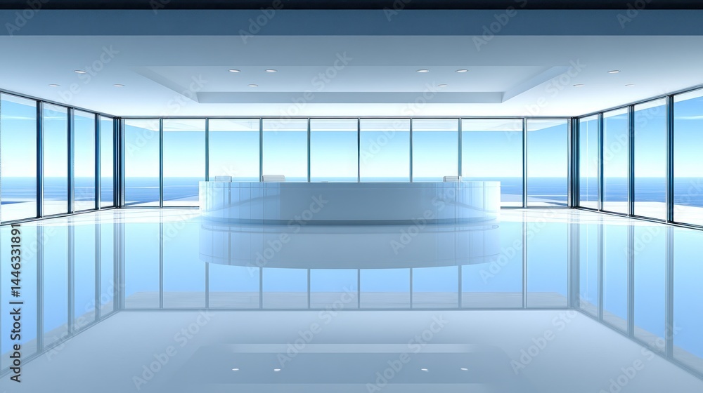 Modern office reception, ocean view, bright interior, calm workspace, corporate setting Modern office reception, ocean view, bright interior, calm workspace, corporate setting