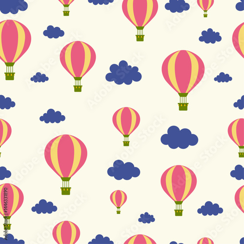 Hand drawn seamless vector pattern with colorful hot air balloons and clouds. Wallpaper with simple geometric shapes. Backdrop for children