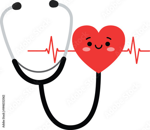 Heart with stethoscope and heartbeat line medical health care vector illustration 