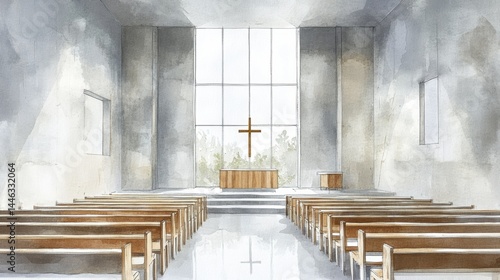Serene church interior featuring pews, an altar, and a cross in a tranquil watercolor style depiction with natural lighting