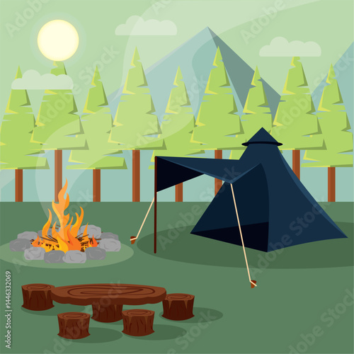 Forest tent and fire pit. Vector