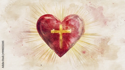 Red translucent heart symbol with golden christian cross and radiating rays on warm aged paper texture background