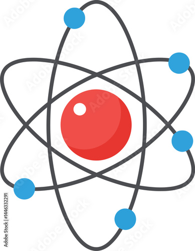 Atom model with red nucleus and blue electrons orbiting simple science icon vector illustration 