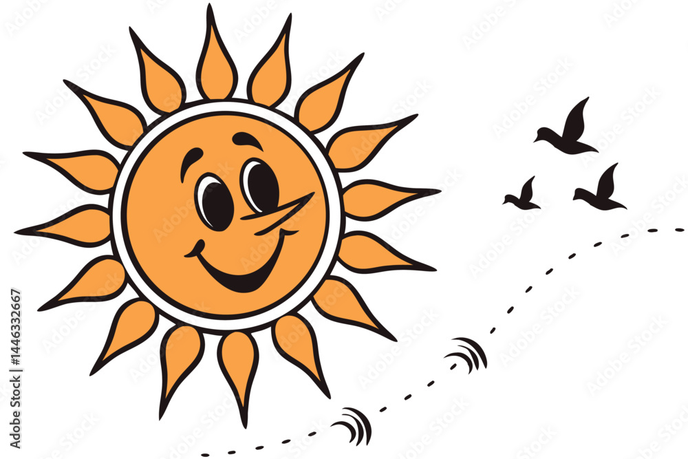 Cartoon Sun with Birds Silhouette Flying, Dotted Trail, Nature, Weather, Icon Style Cartoon Sun with Birds Silhouette Flying, Dotted Trail, Nature, Weather, Icon Style
