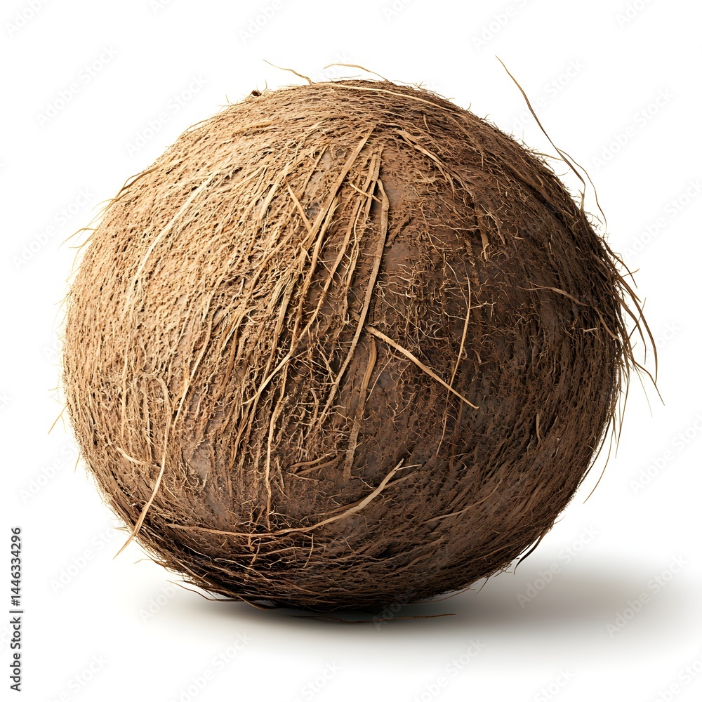A whole, ripe brown coconut with fibrous husk sits on a plain white background, isolated for easy use in any design project. A whole, ripe brown coconut with fibrous husk sits on a plain white background, isolated for easy use in any design project.