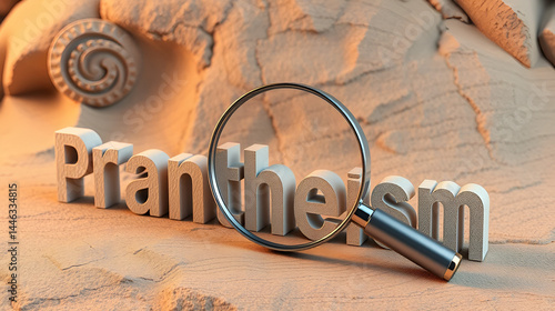 Examine and study pantheism, showed as a magnify glass and word pantheism to symbolize process of analyzing, exploring, learning and taking a closer look at pantheism, 3d illustration