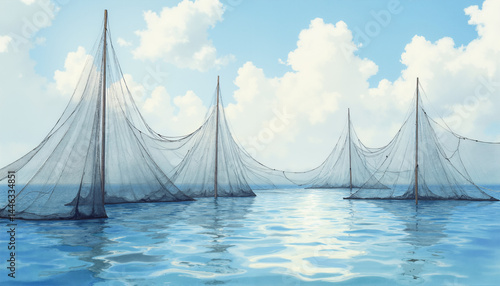 Fishing nets standing in calm blue water under a bright blue sky