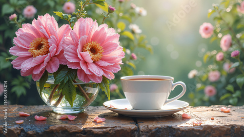 Morning coffee with pink flowers in a vase and a cup on a wooden table