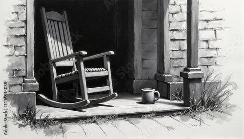 Black and white illustration of a rocking chair and coffee mug on a porch in the morning