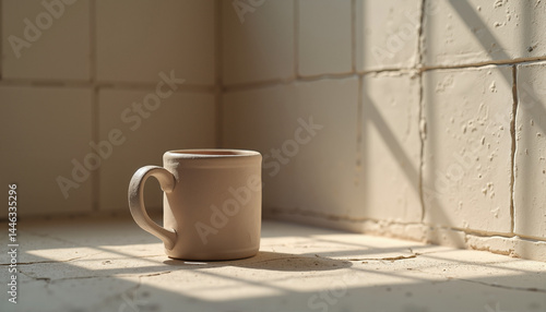 Simple clay mug on a sunlit windowsill with shadows in the morning